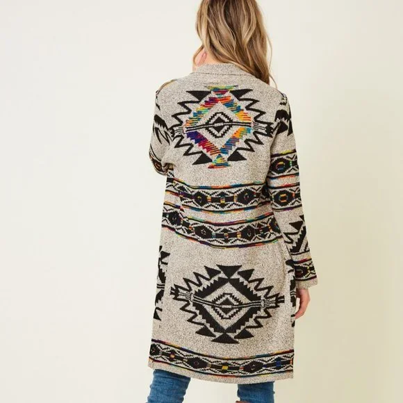 new ON BLUE SWEATER CARDIGAN WRAP boho western AZTEC TRIBAL TAUPE jacquard SM-3X - Picture 2 of 9